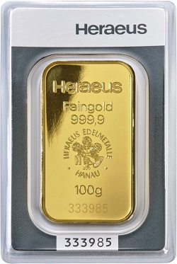 heraeus 100g gold bullion bar